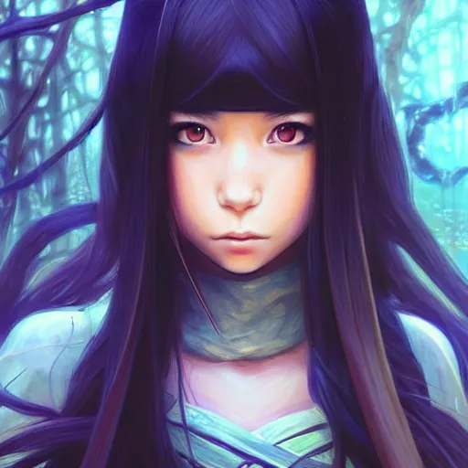 Prompt: a beautiful girl with long dark hair, wearing a ninja uniform, forest background, fantasy, intricate, highly detailed, digital painting, artstation, official media, anime key visual, concept art, rich vivid colors, ambient lighting, sharp focus, illustration, art by Artgerm, Makoto Shinkai, Ilya Kuvshinov, Lois Van Baarle, and Rossdraws