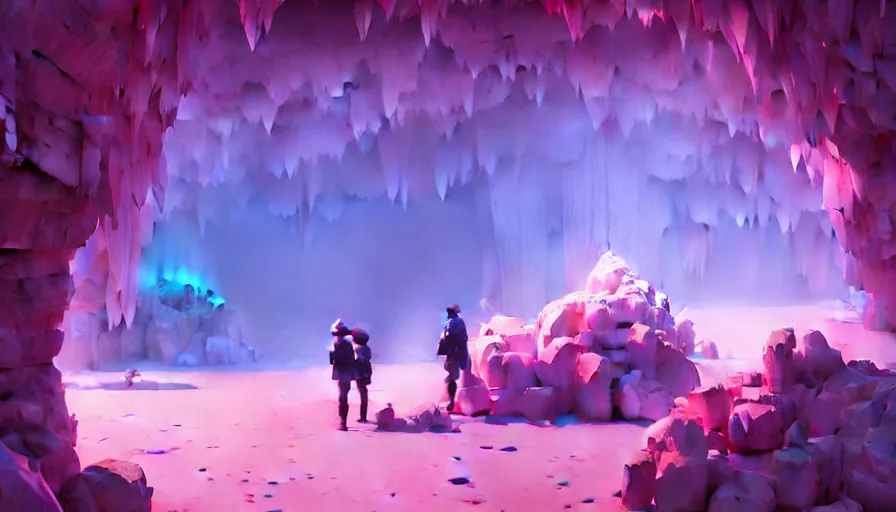 Image similar to highly detailed matte painting of a glistening crystal cave by atey ghailan, by greg rutkowski, by greg tocchini, by james gilliard, by joe fenton, pink, brown, black and light blue color scheme, octane render