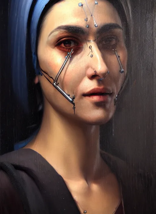 Prompt: portrait of a cyberpunk surgeon ( persian woman ), detailed realism face in painting, detailed beautiful portrait, oil painting masterpiece, cyberpunk art, 8 k resolution, smooth, sharp focus, trending on artstation, by rembrandt