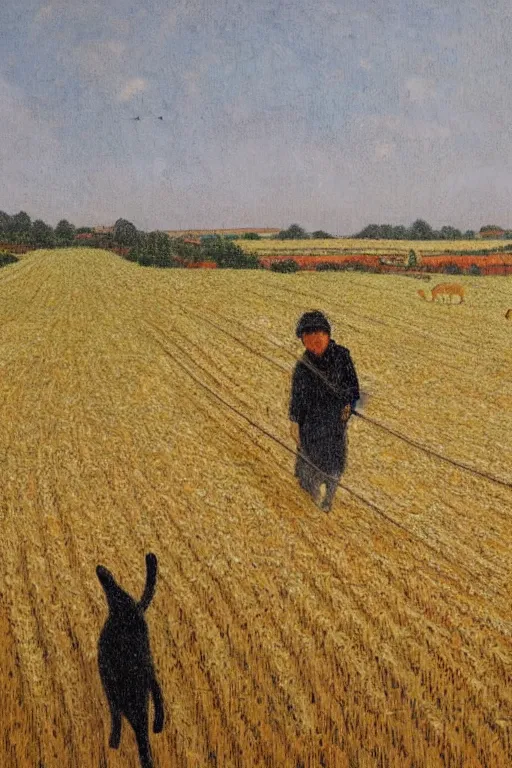 Prompt: cat farmer, walking in the wheat field, nature landscape on the background, fenghua zhong, sharp deep, oil art