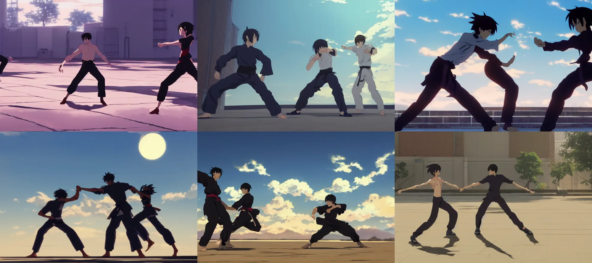 Prompt: an anime screenshot of two martial arts pracitioners engaging in training; clear dynamic poses with perfect anatomy, strong silhouette; in the film by makoto shinkai, trending on artstation