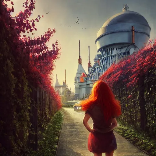 Image similar to red hair girl, chernobyl powerplant, disneyland castle, rubble, flowers, vines, hyperrealistic, highly detailed, cinematic, single ray of golden sunlight, beautiful, cgssociety, artstation, 8 k, oil painting by greg rutkowski, by artgerm, by wlop