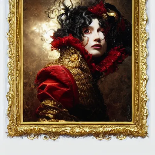 Image similar to portrait of a red sorcerer, sharp focus, black hair, baroque, rococo, highly detailed, intricate, bird mask, white, regal clothing, gold ethereal light, by livia prima