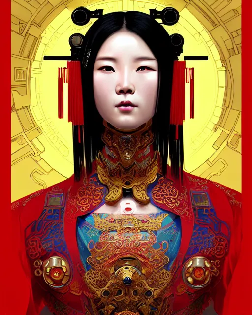 Image similar to portrait of a chinese cyberpunk machine, machine face, arms, upper half portrait, decorated with chinese opera motifs, regal, asian, fine china, wuxia, traditional chinese art intricate intense elegant 京 剧 highly detailed digital painting artstation concept art smooth sharp focus illustration, art by artgerm and greg rutkowski alphonse mucha 8 k