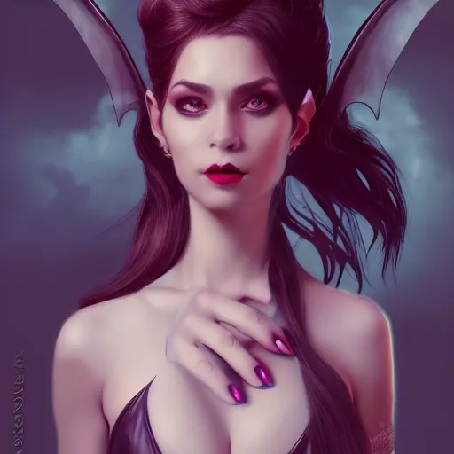 Image similar to 3 / 4 view of a portrait of woman with bat wings, confident pose, pixie, genshin impact, magic, lights, intricate, elegant, sharp focus, illustration, highly detailed, concept art, matte, trending on artstation, comics h 6 4 0