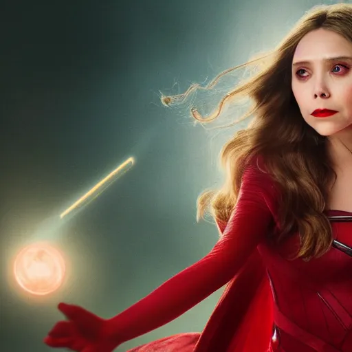 Image similar to elizabeth olsen as the scarlet witch, floating in the air as she emanates magic from her palms, full - body portrait, 3 5 mm!!!!! photography, disdain facial expression, messy!!!!! hair, trending on artstation, photorealistic!!!!!, 4 k, 8 k