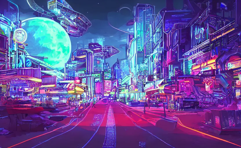 Prompt: high detailed digital artwork of a futuristic neon - lit city on the moon