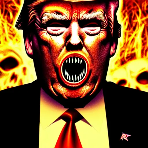 Image similar to a horrific death metal album cover of donald trump with laser eyes, trending on artstation