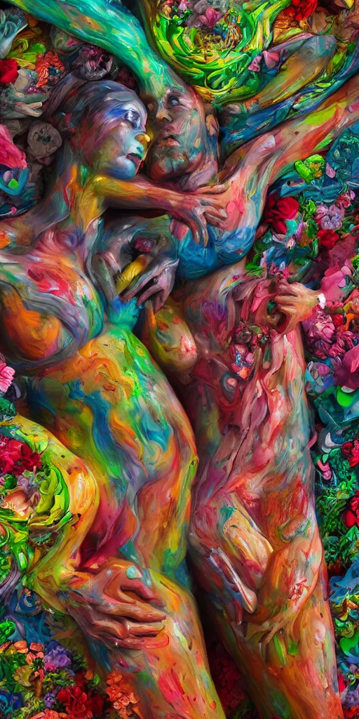 Image similar to a surrealist sculpture human bodies intertwined, a lovely cornucopia of flowers and human body parts, body parts, paint pour, swirling paint colors, highly detailed, octane render, cinematic