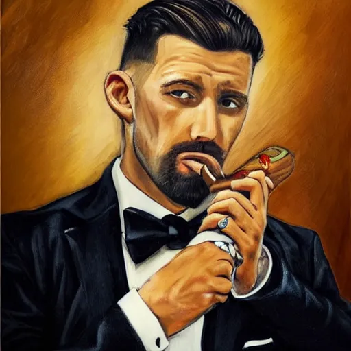 Image similar to a close - up canvas painting of a realistic gangster irish man with a fade haircut, lighting a cigar, wearing a suit, bowtie, and ring, highly detailed