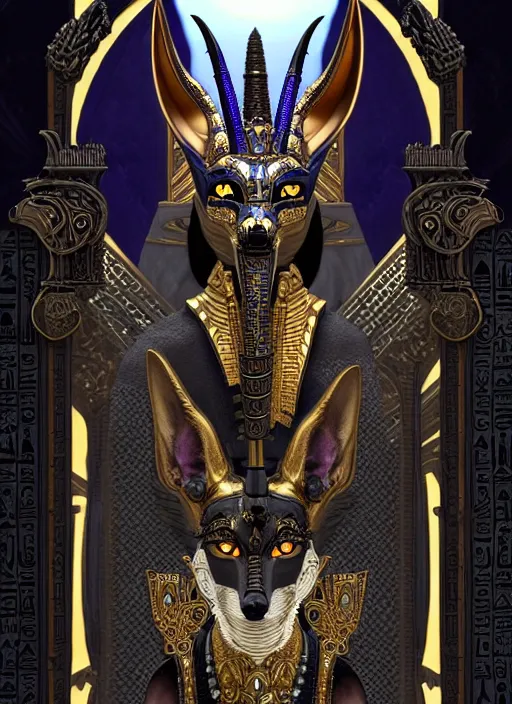 Prompt: angry god anubis, growling jackal with egyptian headdress and nemes, ornate art nouveau marble throne room, black and silver palette, symmetrical background, fantasy, intricate, elegant, highly detailed, colorful, dark colors, dramatic shadow, digital painting, artstation, concept art, art by artgerm and greg rutkowski and ruan jia,