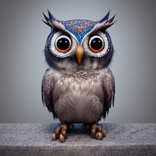 Prompt: thai cute owl, charactor, with big sweet eyes, blue, gothic, steam punk, thai dance suit, hyper detailed, stylistic, symmetrical, 3 d render, photorealitic, 8 k. octane render