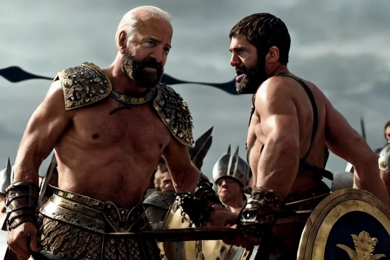 Prompt: epic cinematic action shot of joe biden as leonidas in 3 0 0 movie, 8 k