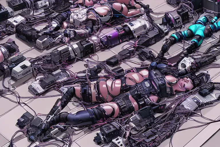 Prompt: a cyberpunk illustration of a group of female androids in style of masamune shirow, lying on an empty, white floor with their bodies scattered across, turned in different poses and cables and wires coming out, by yukito kishiro and katsuhiro otomo, hyper-detailed, intricate, view from above