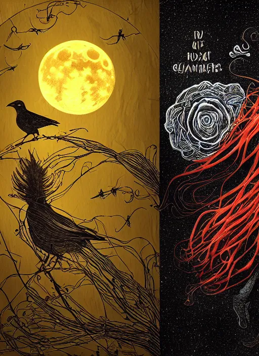 Image similar to golden elements at borders, portrait, A young witch and a crow in front of the full big moon, creative book cover, winner of design award, red roses, red white black colors, establishing shot, extremly high detail, foto realistic, cinematic lighting, pen and ink, intricate line drawings, by Yoshitaka Amano, Ruan Jia, Kentaro Miura, Artgerm, post processed, concept art, artstation, matte painting, style by eddie, raphael lacoste, alex ross