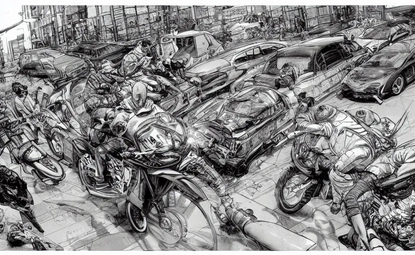 Image similar to action shots of a high speed car chase through a crowded street illustrated by jung gi kim, katsuya terada, jean - david morvan. extremely detailed illustration, action shots, striking perspective