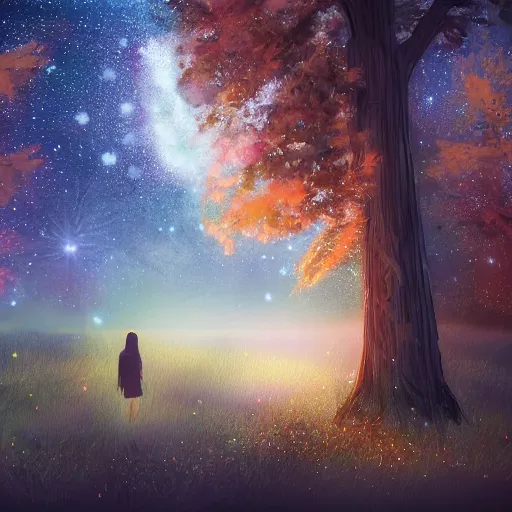 Prompt: an hd photo of a young woman with short brown hair, background of beautiful trees and night sky with colorful stars and galaxies, trending on artstation