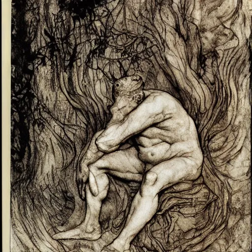 Prompt: toad The Thinker, swamp, by Auguste Rodin, by Irving Penn, illustrations by irish fairy tales james stephens arthur rackham, illustrations by Stephen Reid