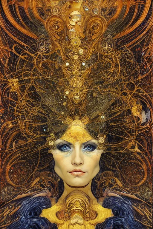 Image similar to Divine Chaos Engine portrait by Karol Bak, Jean Deville, Gustav Klimt, and Vincent Van Gogh, sacred geometry, visionary, mystic, fractal structures, ornate gilded medieval icon, spirals