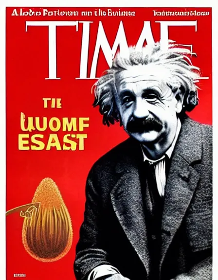 Image similar to cover of TIME magazine with the portrait of Albert Einstein and the mushroom cloud of an atom bomb explosion, nuclear bomb explosion, mushroom cloud