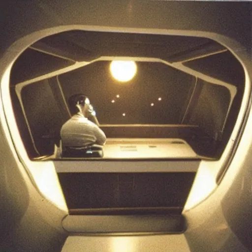 Image similar to “first person view of life aboard a retrofuturistic spaceship. 1980s photography”