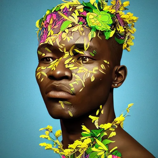 Prompt: colourful vfx art - portrait of nigerian chief wrapped in flowers & vines, art by utagawa kunisada & james jean, volumetric light, ray tracing, sharp, detailed, digital painting, illustration, highly detailed, intricate detail, unreal engine, octane render, global light, pinterest, behance, art station,
