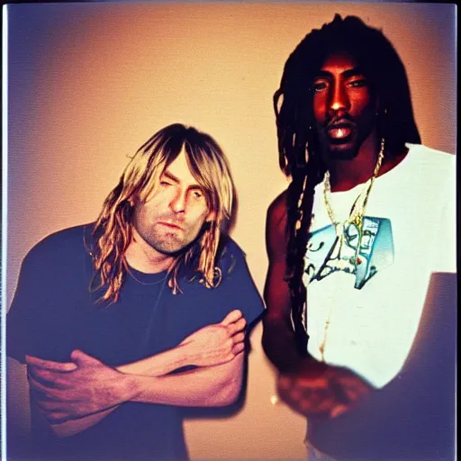 Prompt: Polaroid photograph of Kurt Cobain and Tupac Shakur, 90s, XF IQ4, 150MP, 50mm, F1.4, ISO 200, 1/160s, natural light, Adobe Lightroom, photolab, Affinity Photo, PhotoDirector 365,