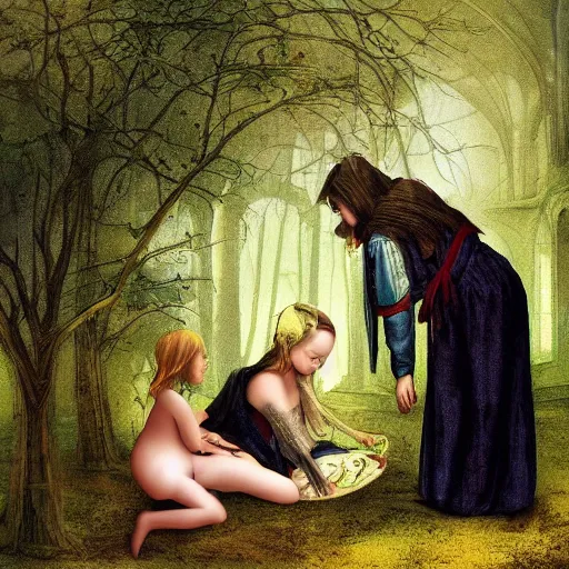 Image similar to “ sensual nurse treating medieval child girl in a fantasy forest, artwork ”