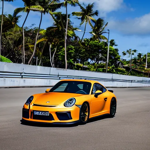Image similar to porsche gt 3 in hawaii city, cinematic, 8 k, game