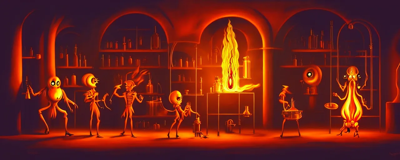 Image similar to uncanny alchemist monsters in a fiery alchemical lab, dramatic lighting, surreal 1 9 3 0 s fleischer cartoon characters, surreal painting by ronny khalil