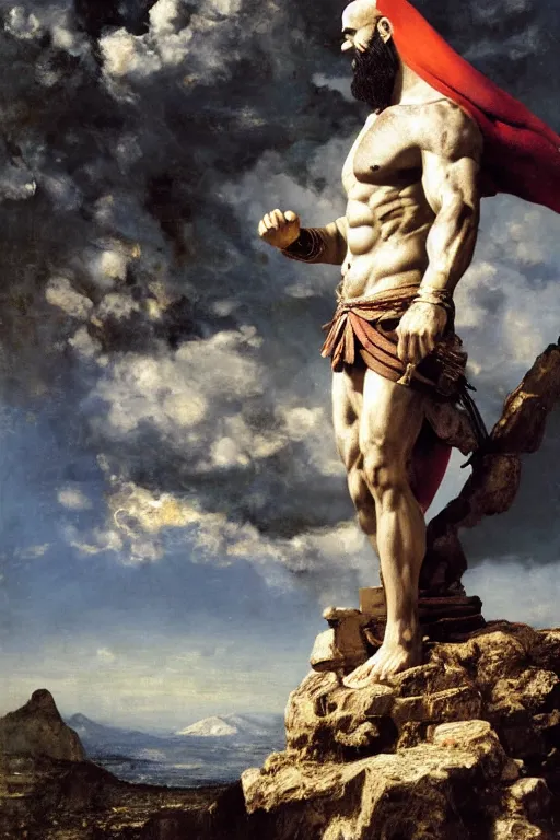 Image similar to kratos fighting against cristo redentor statue, 8 k, hdr, great light, gustave courbet, annie leibowitz