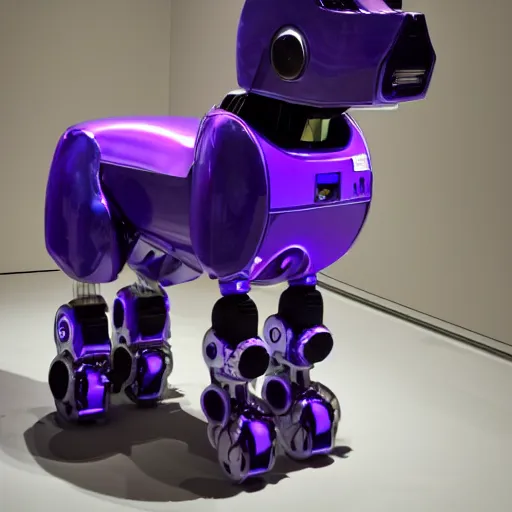 Prompt: a robot dog from boston dynamism with a purple paw in a gallery