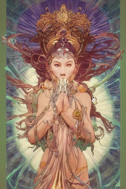 Image similar to the goddess of transcendence, by artgerm and yoshitaka amano and moebius and alphonse mucha, hyperdetailed, dc comics, ornate, nebula, explosions in the sky, trending on artstation