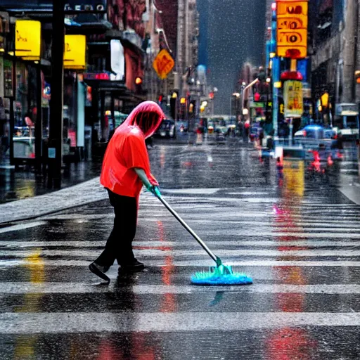 Image similar to cleaner with a mop a rainy new york street, photography