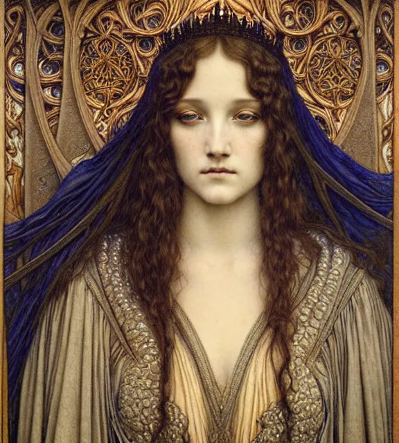 Image similar to detailed realistic beautiful young medieval queen face portrait by jean delville, gustave dore and marco mazzoni, art nouveau, symbolist, visionary, gothic, pre - raphaelite. horizontal symmetry