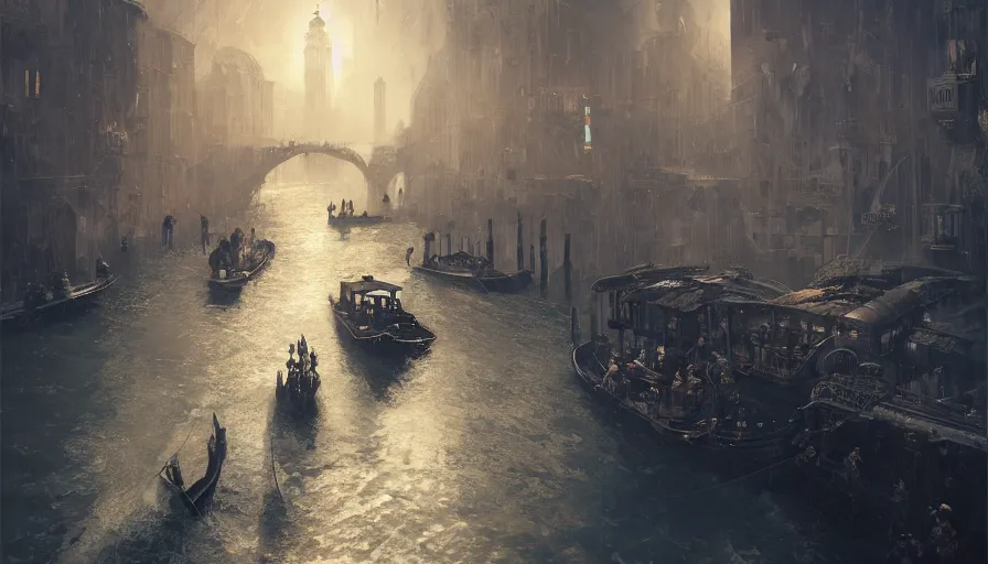 Image similar to Dieselpunk Venice city, steam, dieselpunk gondola, oil petroleum black rivers, epic composition, intricate, elegant, volumetric lighting, digital painting, highly detailed, artstation, sharp focus, illustration, concept art, ruan jia, steve mccurry