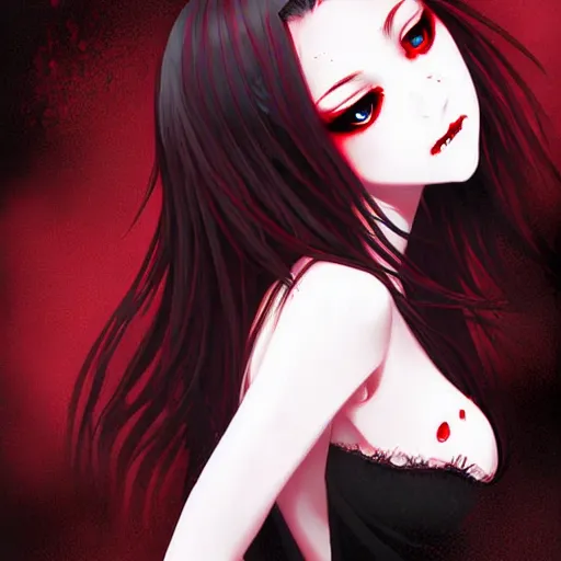 Prompt: beautiful seductive female vampire, in the rain, highly detailed, painting, dark red and black color palette, intricate, high quality anime artstyle, in the style of sana takeda