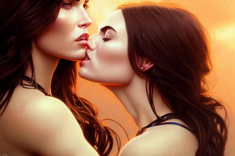 Image similar to portrait of megan fox kisses with a blonde woman, lesbian kiss, intricate, headshot, highly detailed, digital painting, artstation, concept art, sharp focus, cinematic lighting, illustration, art by artgerm and greg rutkowski, alphonse mucha, cgsociety