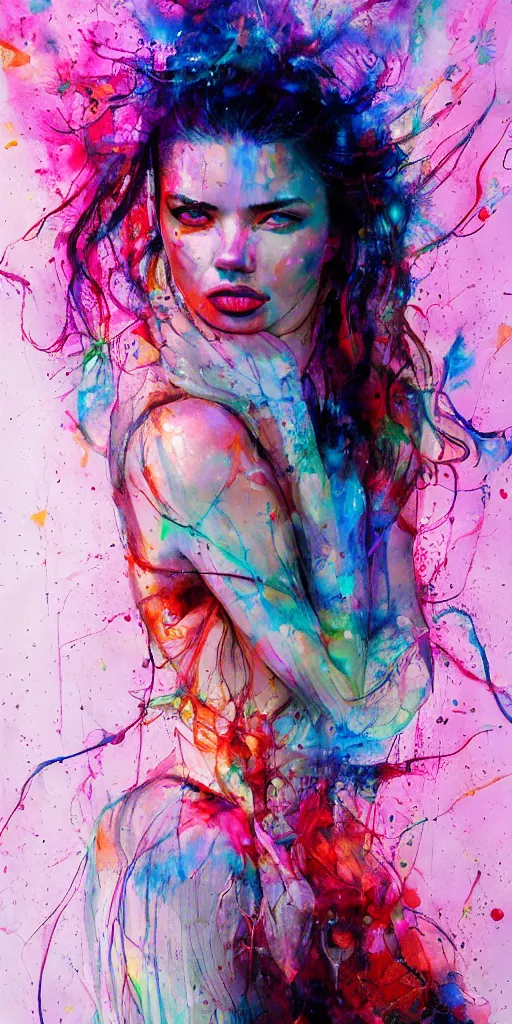 Image similar to adriana lima by agnes cecile enki bilal moebius, intricated details, sitting on a stool, full body portrait, extremely luminous bright design, pastel colours, drips, autumn lights