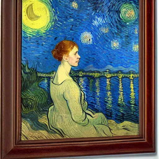 Prompt: Victorian woman singing quietly by a sacred lake at night, bright fire flies, big moon, stars, painted by Vincent van Gogh, Jacques-Louis David detailed