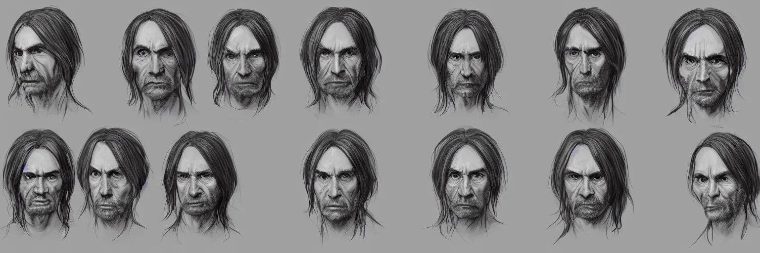 Image similar to character study of charles manson and iggy pop, clear faces, wild, crazy, character sheet, fine details, concept design, contrast, kim jung gi, pixar and da vinci, trending on artstation, 8 k, full body and head, turnaround, front view, back view, ultra wide angle