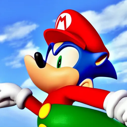 Prompt: photo-realistic sonic the hedgehog wearing a mario hat