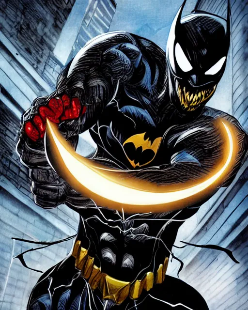 Image similar to venom as batman, with the powers of flash, dynamic lighting, fantasy concept art, trending on art station, stunning visuals, creative, cinematic, ultra detailed, comic strip style, sumihei