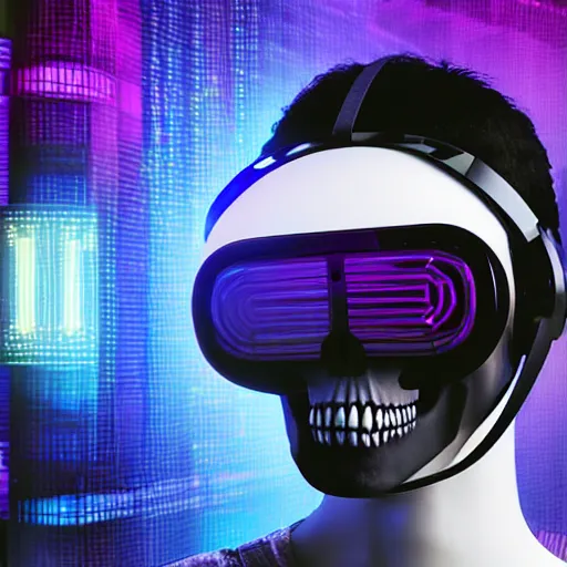 Image similar to a skull with a vr headset in a cyberpunk aesthetic, 4 k, with the exact word pixel written on the headset