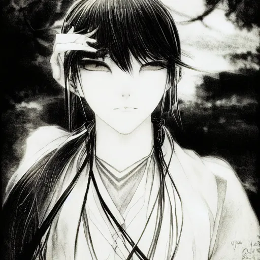 Prompt: a portrait of a character in a scenic environment by Yoshitaka Amano, black and white, dreamy, dark eyes