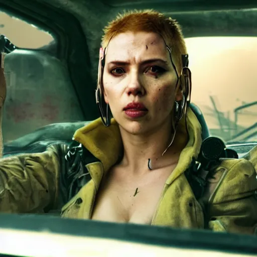 Image similar to Fury Road driver scarlett johansson tragedy in Cyberpunk 2077. CP2077. 3840 x 2160