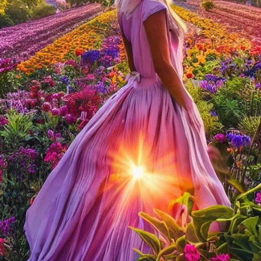 Prompt: A world of various flowers and plants, in which there is a figure of a human, dressed in something magical and impressive, inside this clothes infinity is all in sunset light