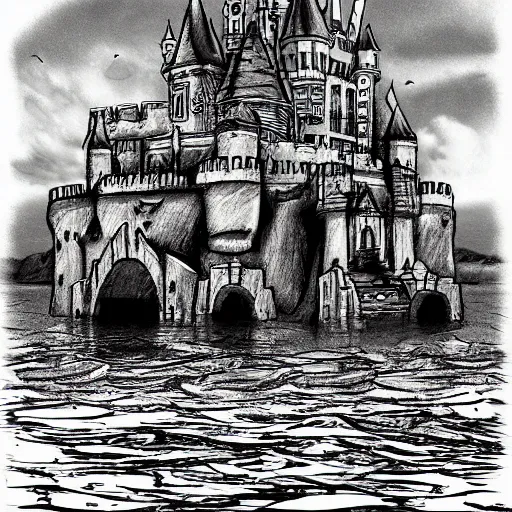 Prompt: castle half submerged in the sea, pencil sketch, comic art, digital art, black and white