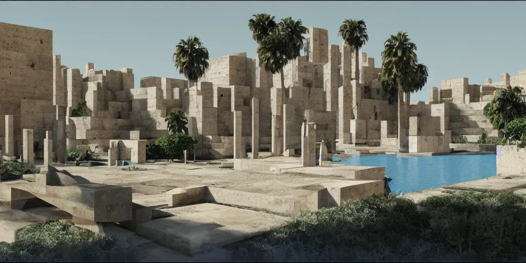 Image similar to babylonian garden based on the design of carlo scarpa in a megacity made of travertine brutalist temples, group of monks in blue robes in the foreground, single aluminum space elevator in the distance, sci-fi, light blue sky with clouds, optimistic matte painting, style by syd mead, 8k, octane render, photorealistic, hyperrealism