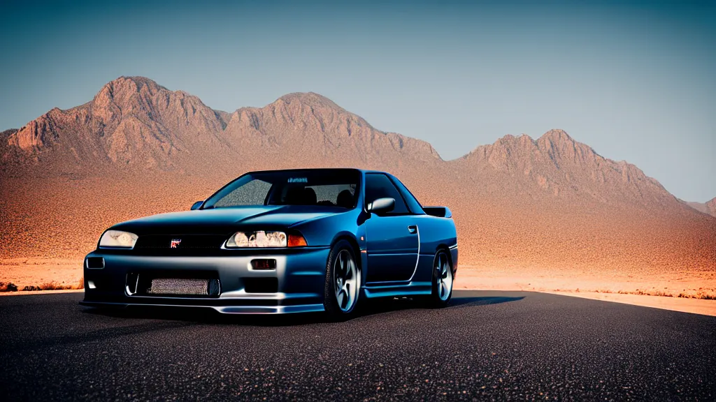 Image similar to three quarter front photo of a stock dark grey nissan r 3 2 skyline gtr on a road in a desert with a mountain in the background in the early morning, car photography, zoom lens, blue hour, photorealistic